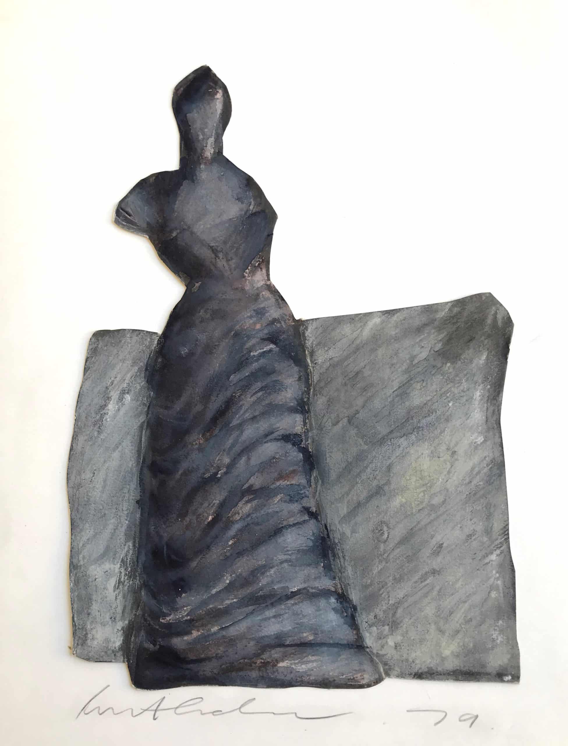 Original mixed media painting of a standing figure from the Femme du Midi series by Ivor Abrahams RA. 1935-2015. Signed and dated 1979.